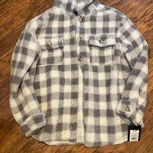 Gray and White Fuzzy Plaid Button Up Shirt